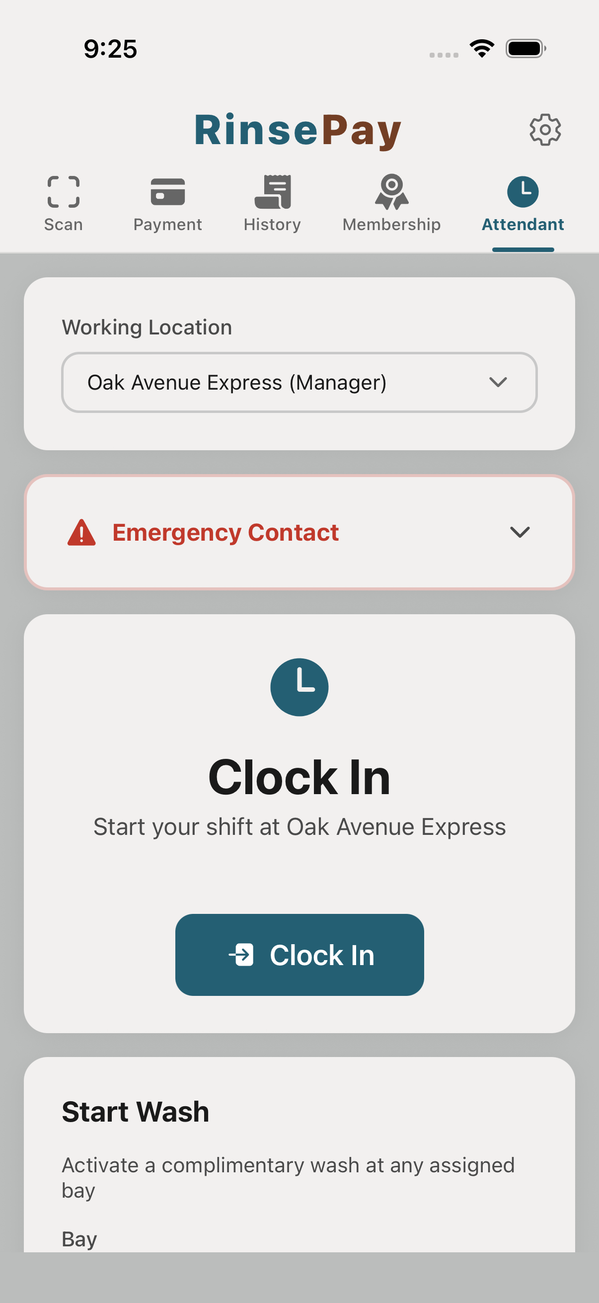 Attendant home — working location and start-wash button.