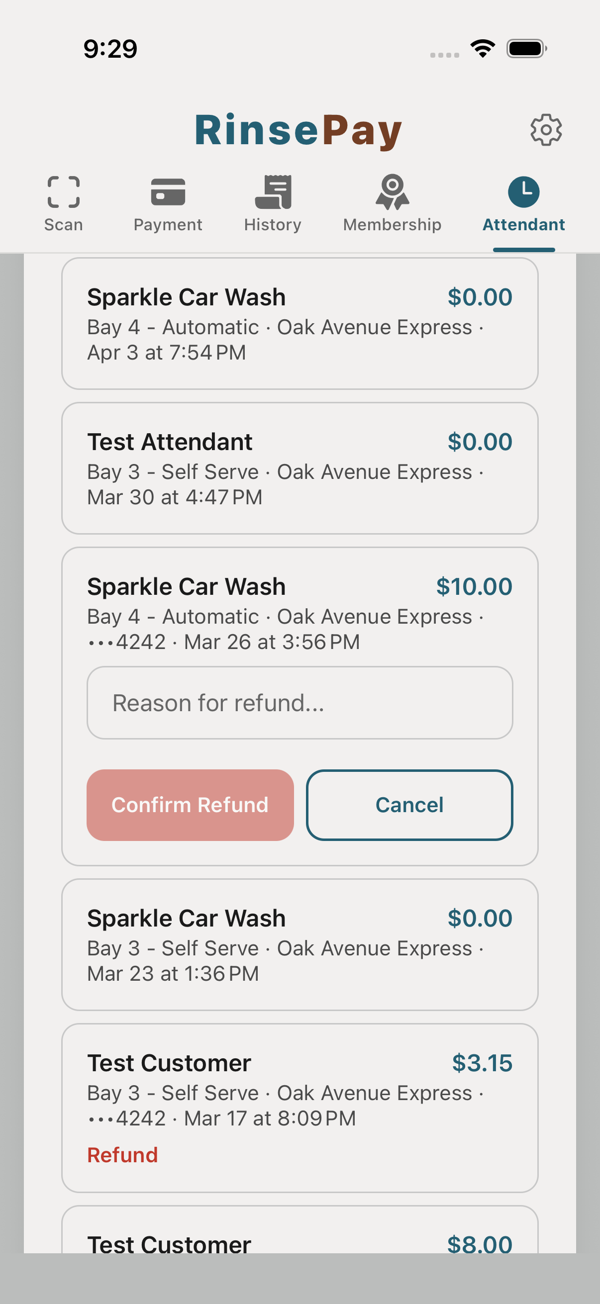 Attendant refund flow — pick from sales list.