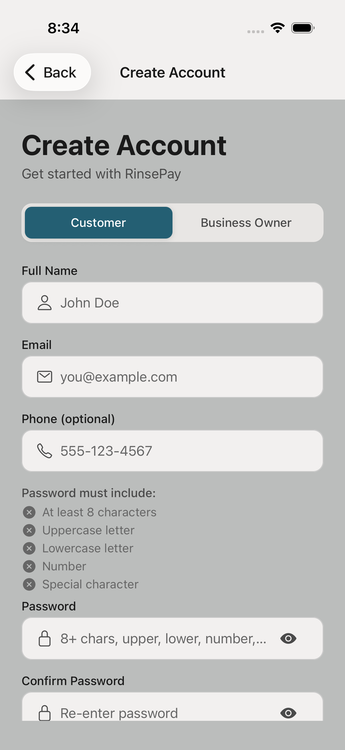 Customer signup screen.