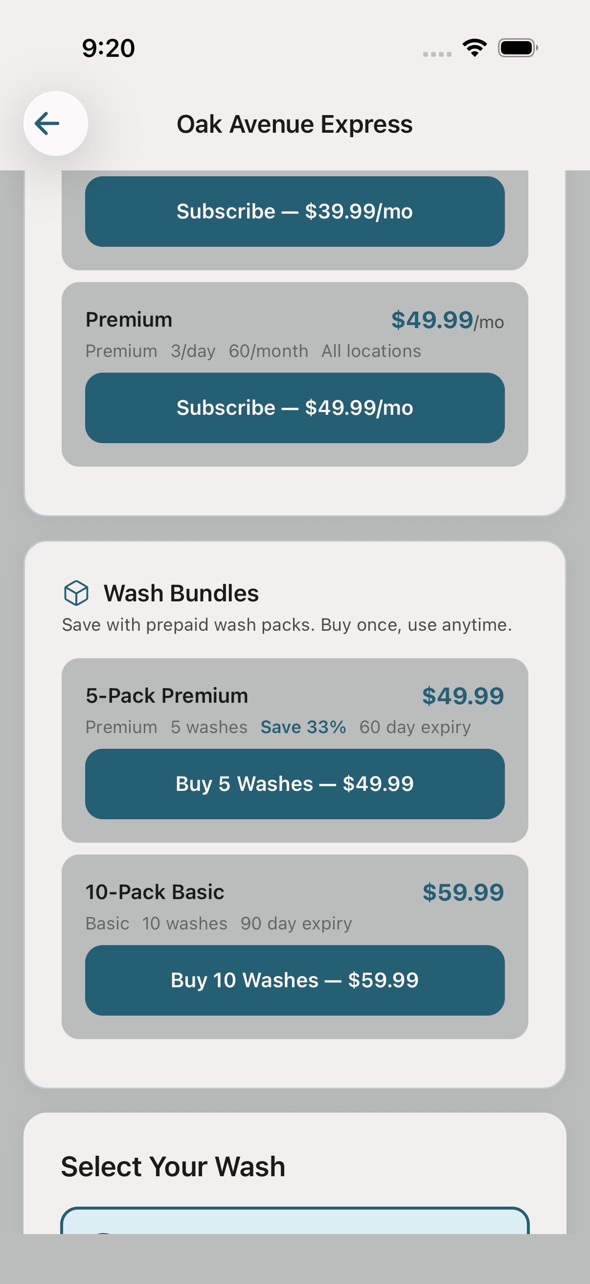 Customer wash page with bundle as a payment option.