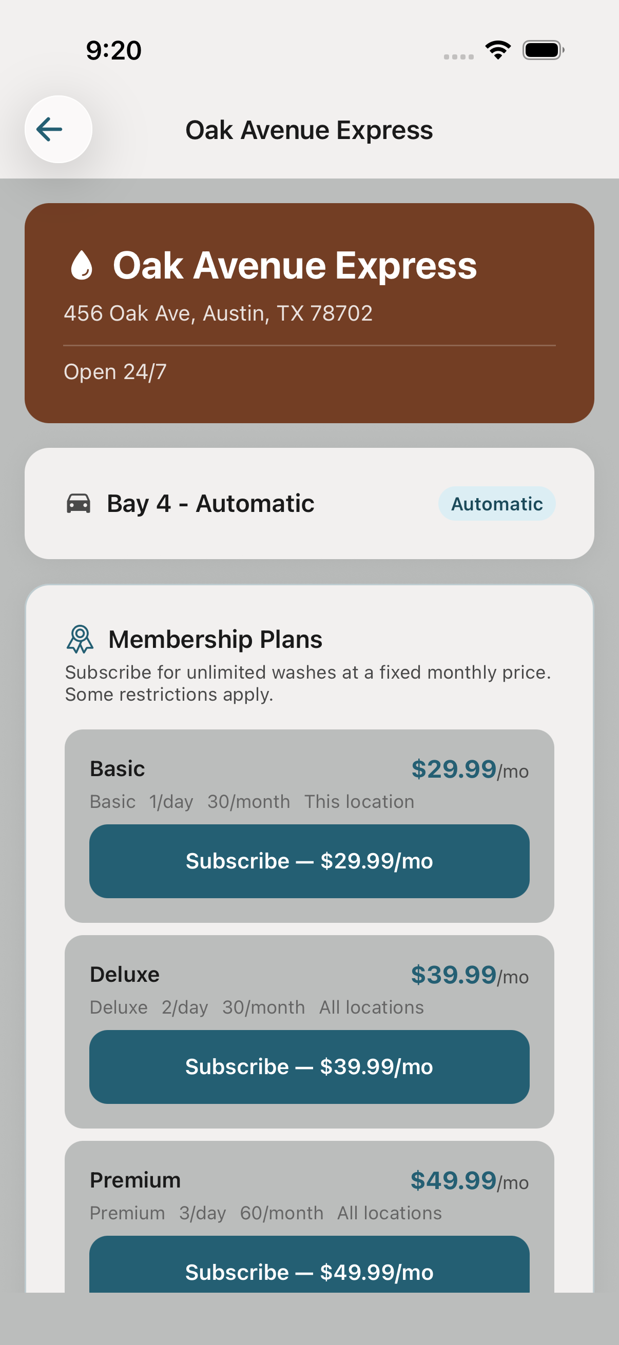 Customer wash page with membership as a payment option.