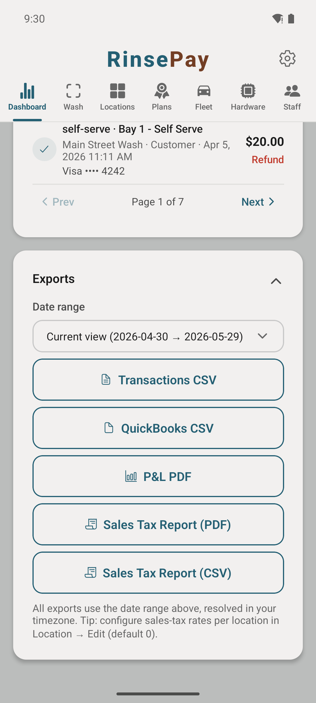 Dashboard Exports — date range and export buttons.