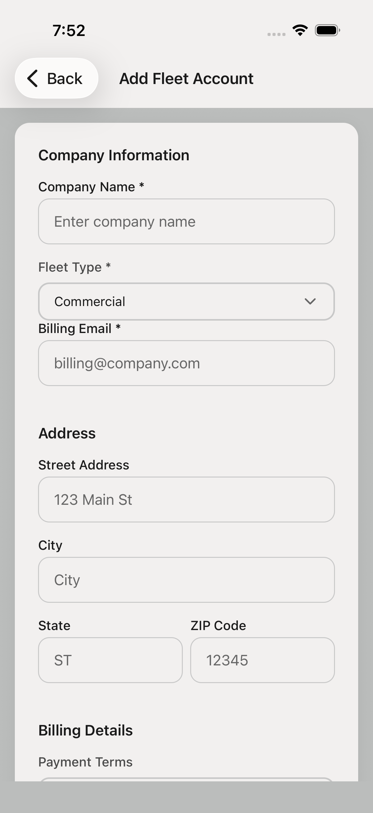 Create fleet screen.