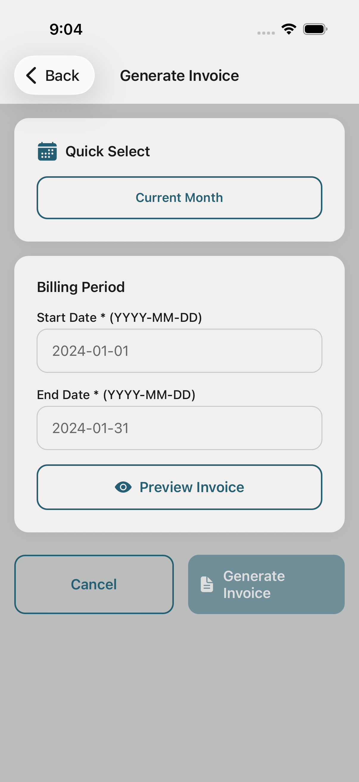Generate fleet invoice screen.