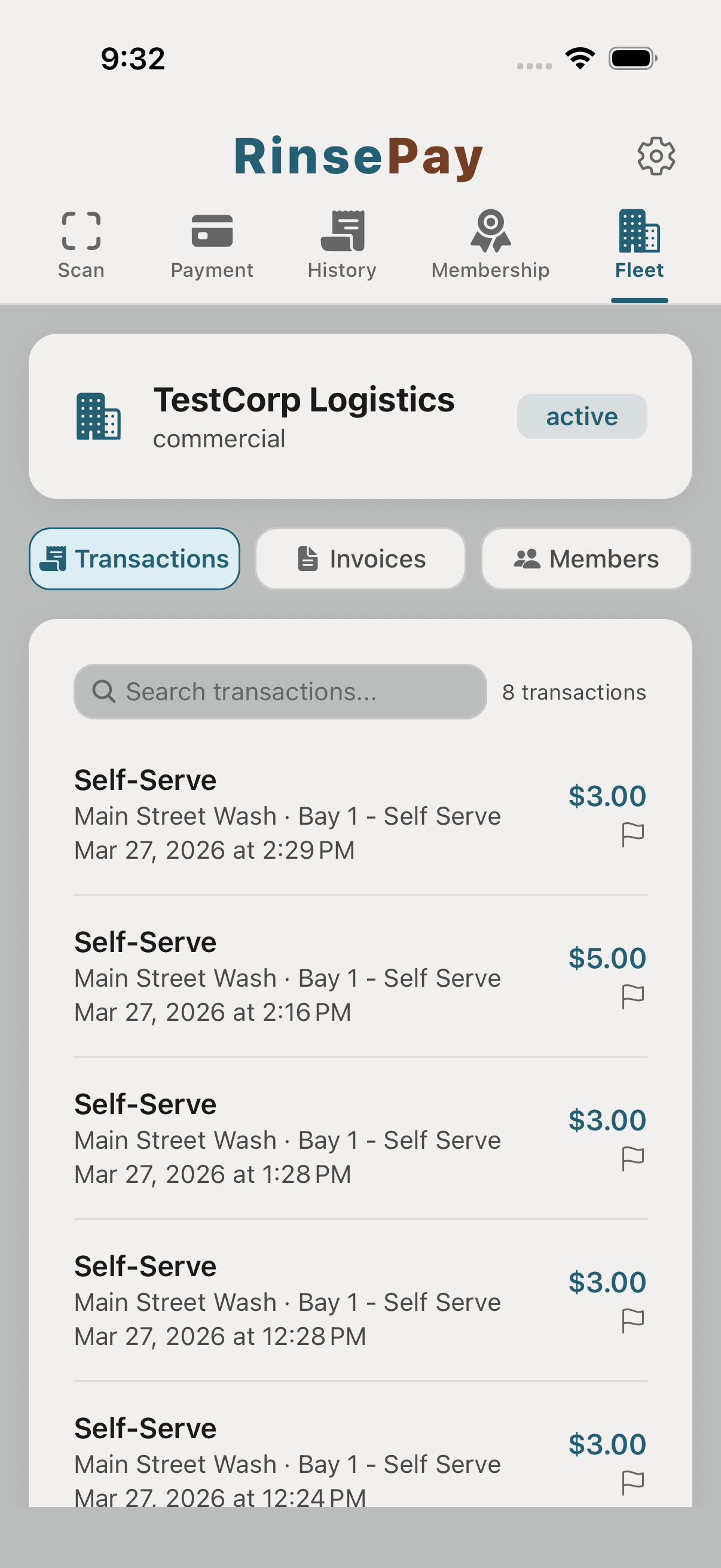 Fleet transactions view.