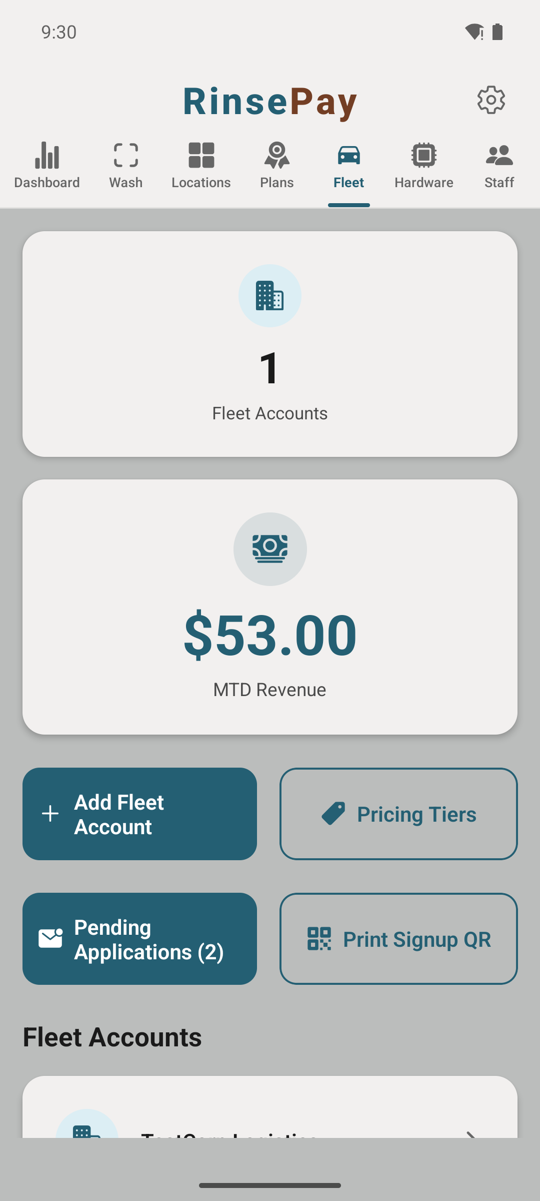 Owner Fleet tab — accounts, MTD revenue, and actions.