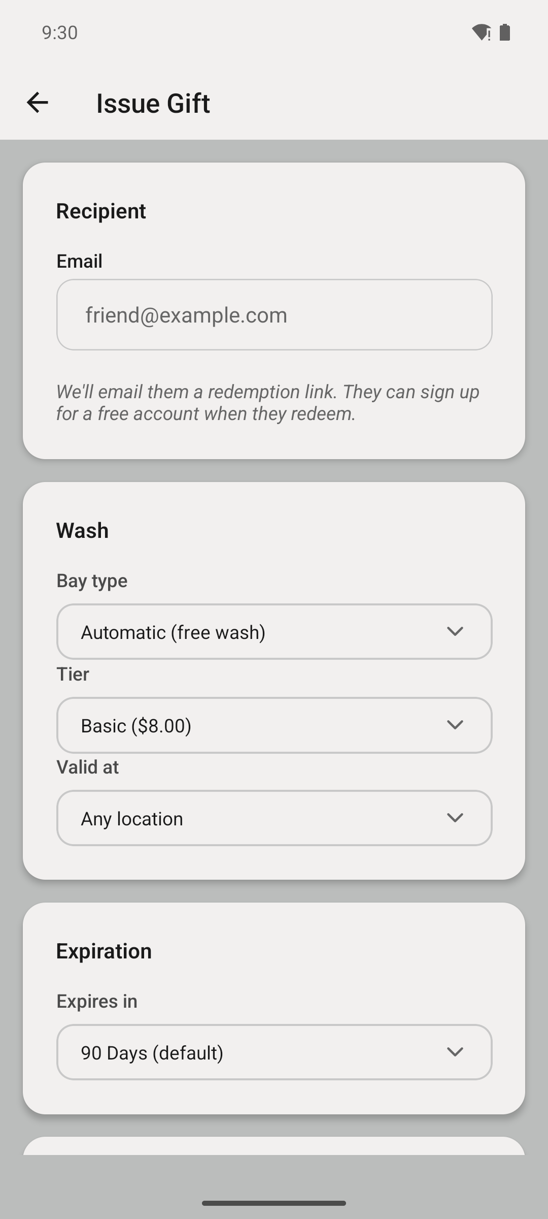 Issue Gift screen — recipient, wash, expiration.