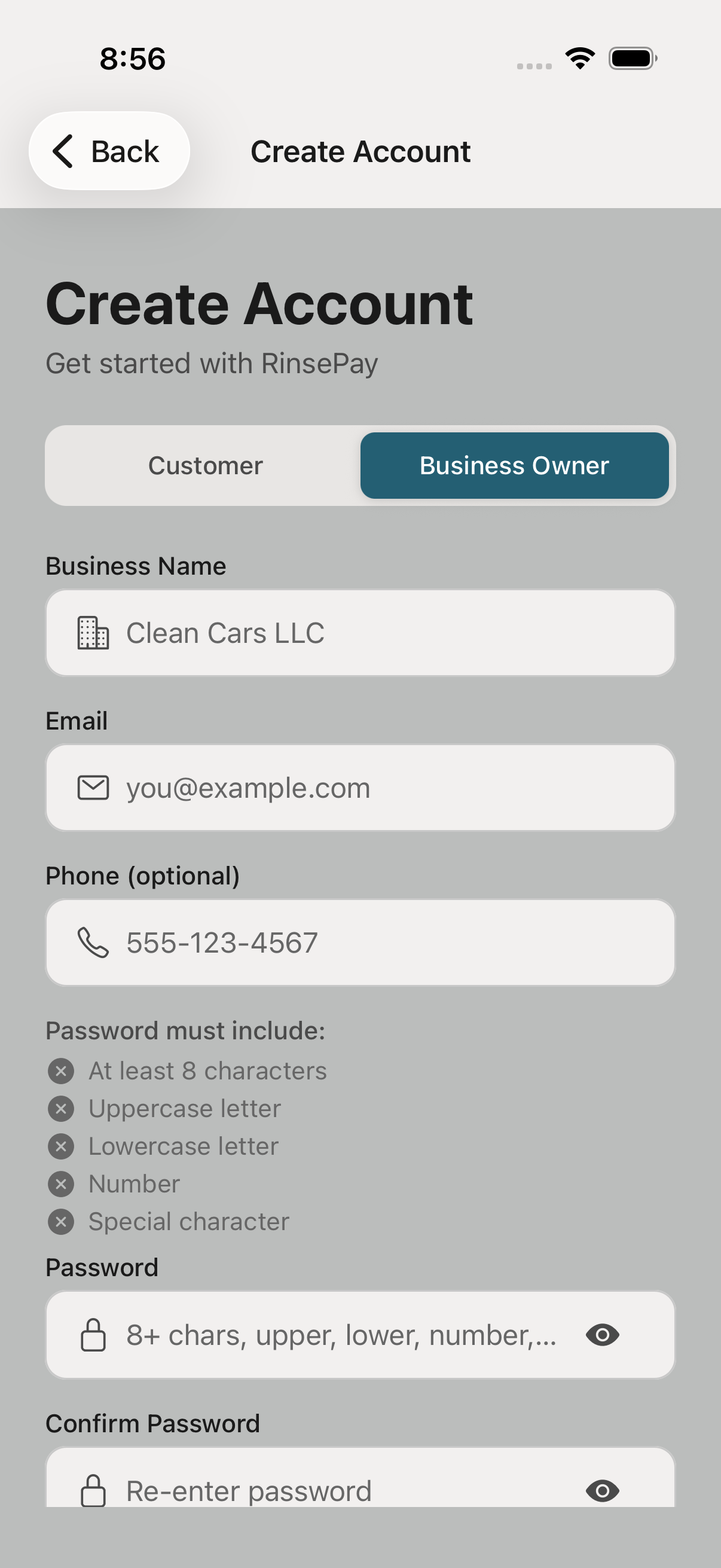 Owner account signup screen.