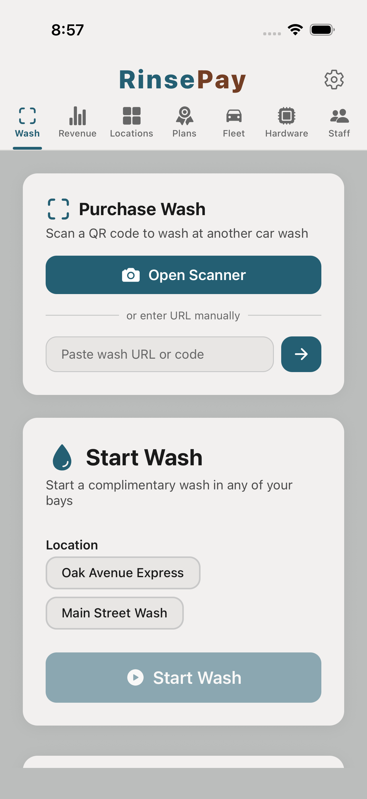 Owner Scan tab — start wash without paying.