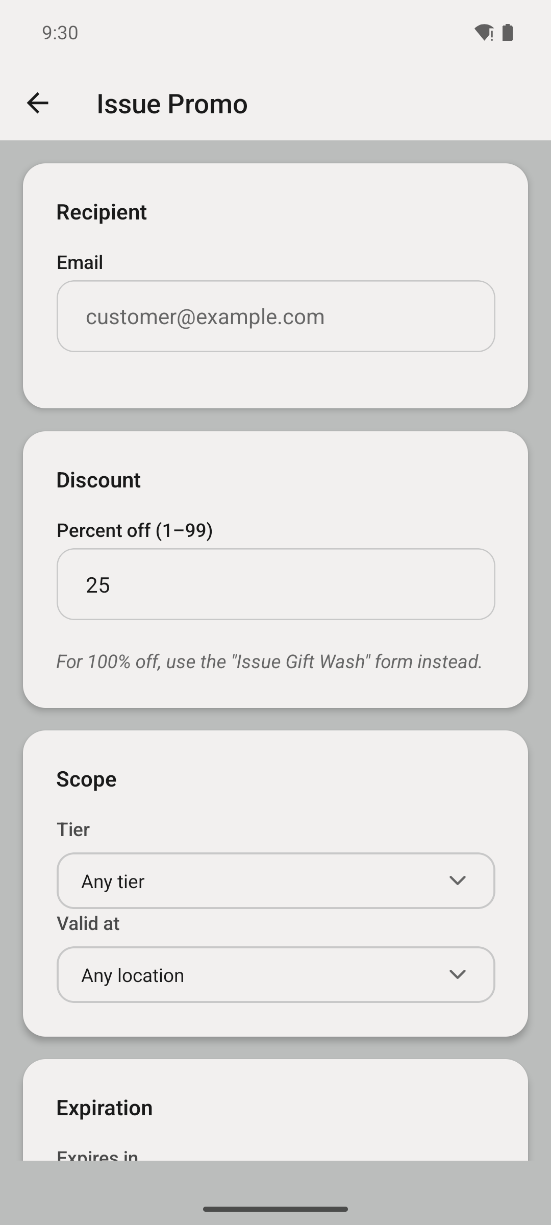 Issue Promo screen — discount, scope, limits.