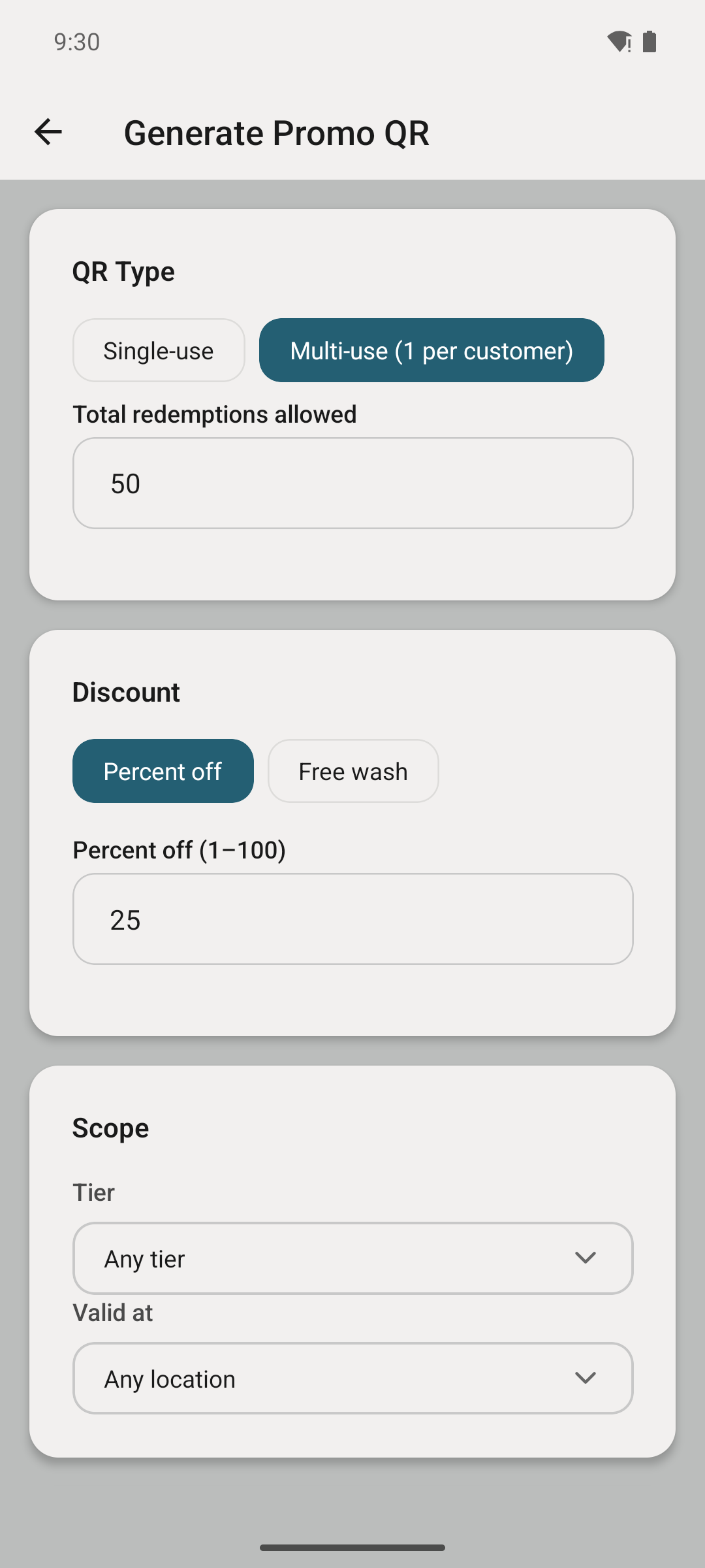 Generate Promo QR screen.