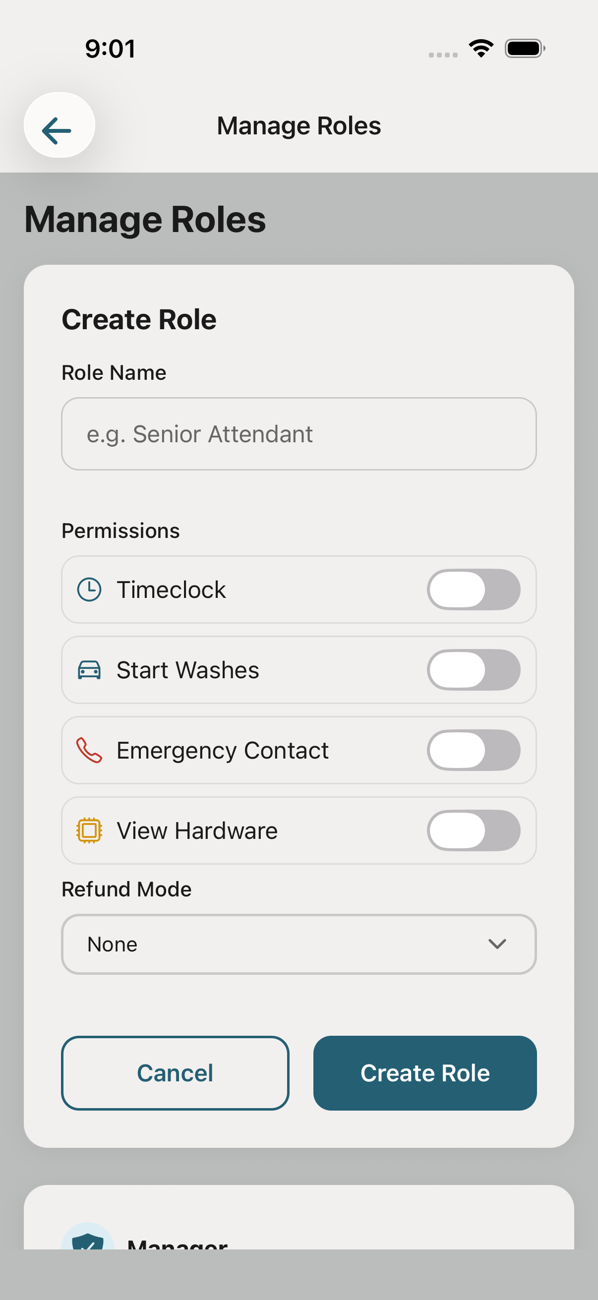 Create Role screen with permission toggles.