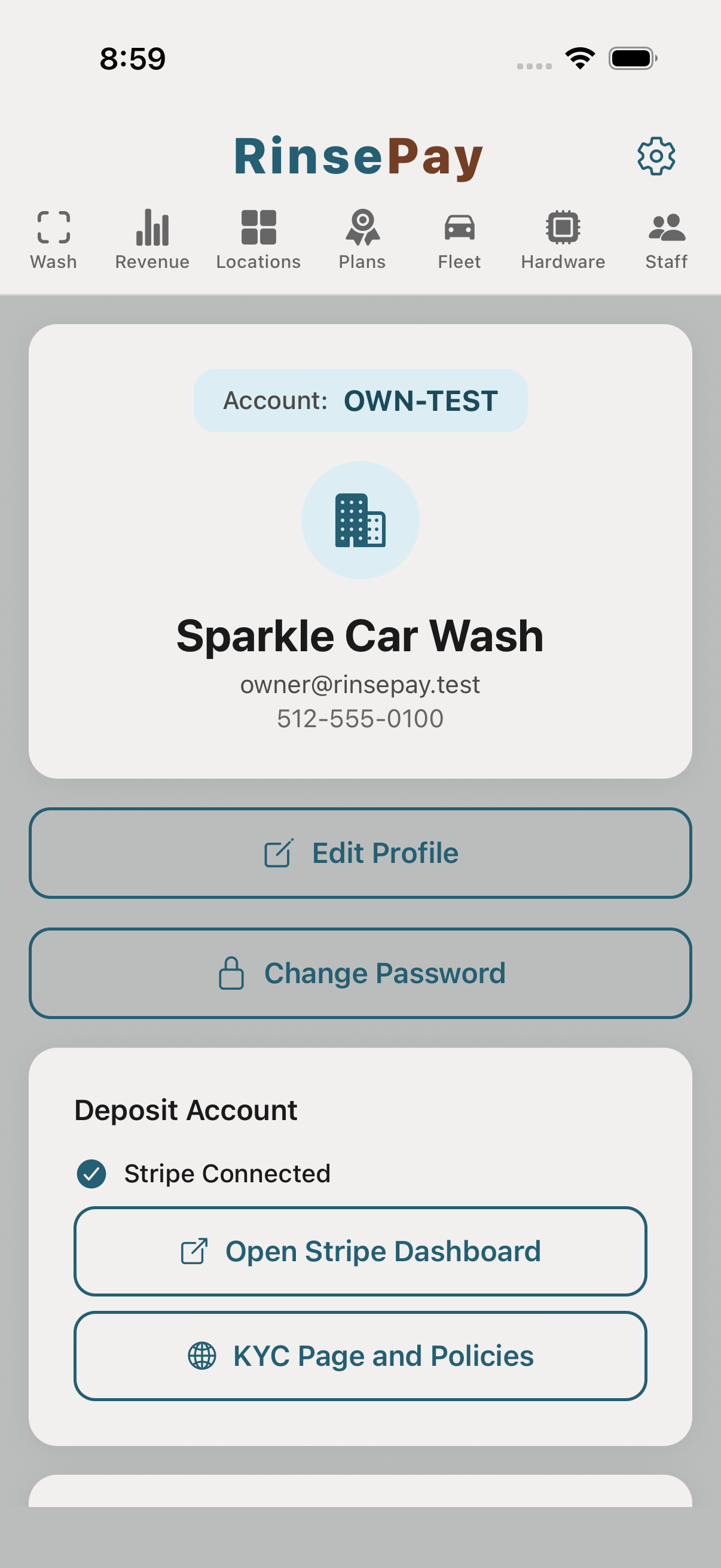 Dashboard card with Connect Stripe button.