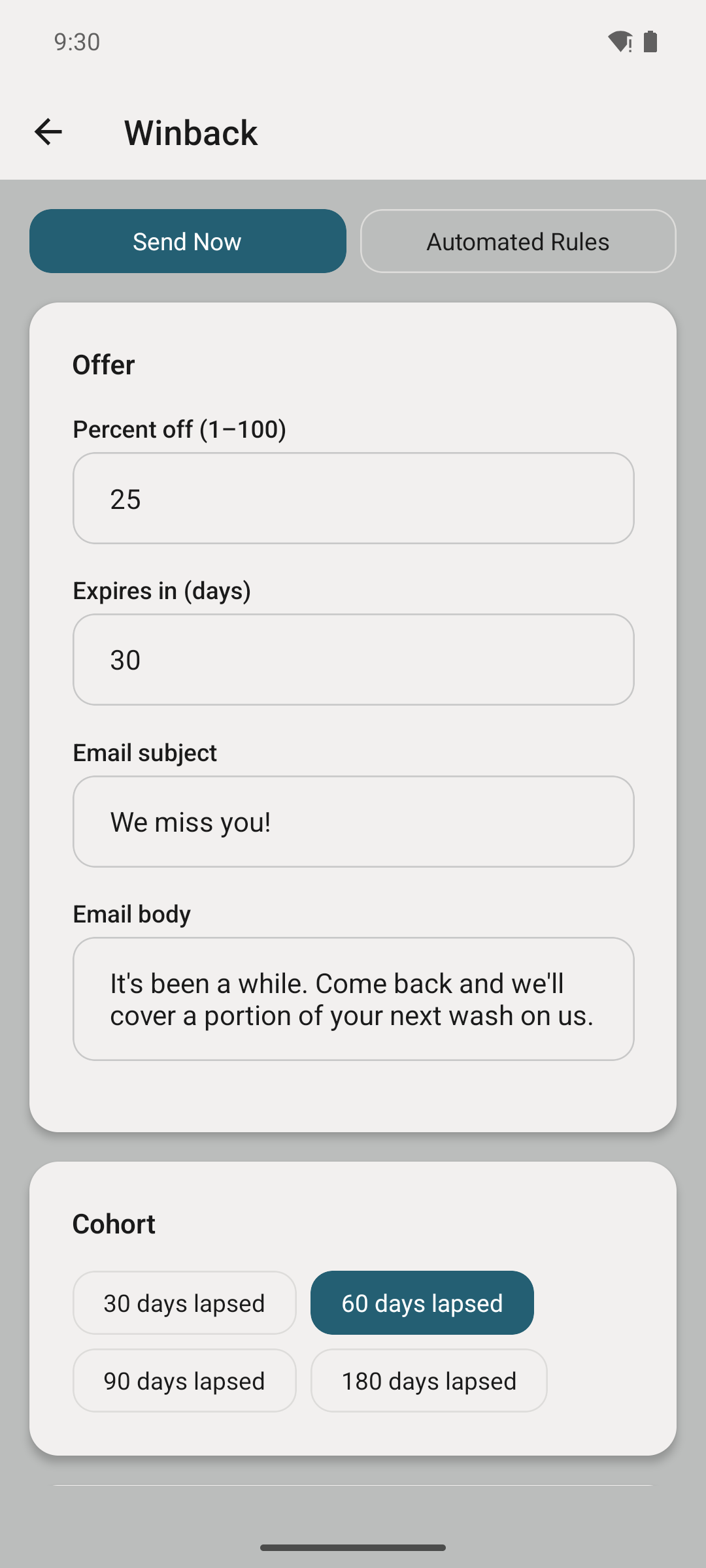 Winback campaign screen.